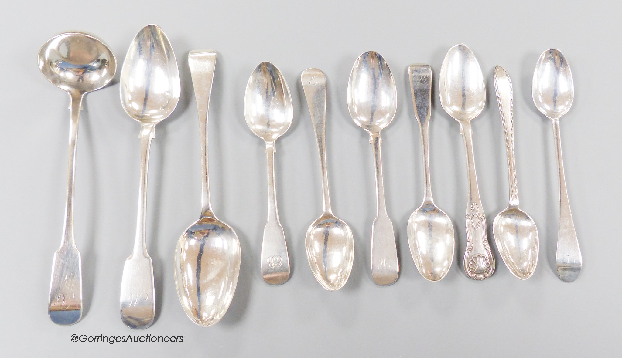 Two 19th century Scottish provincial Dundee silver dessert spoons, (William Kermath and Alexander Cameron), a toddy ladle, Alex Cameron and seven similar teaspoons, (William Constable, William Scott, Alex Cameron, David